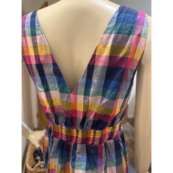 J Crew Colorful Plaid Button-Up Sleeveless V-neck Dress Pockets & Elastic Waist - Picture 5 of 8